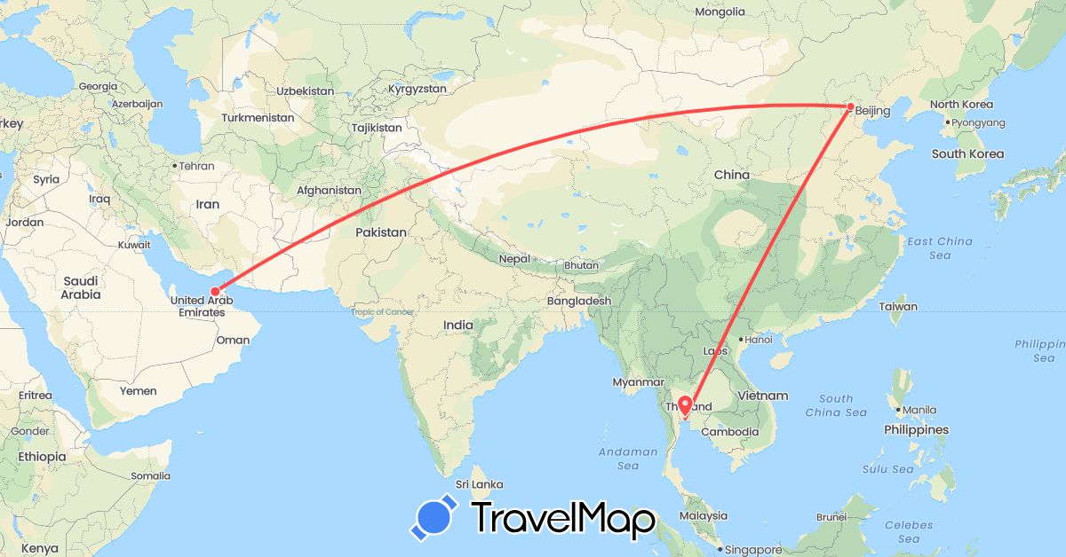TravelMap itinerary: driving, hiking in United Arab Emirates, China, Thailand (Asia)