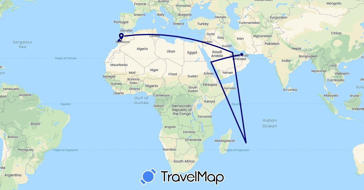 TravelMap itinerary: driving in United Arab Emirates, Bahrain, Morocco, Mauritius, Saudi Arabia (Africa, Asia)
