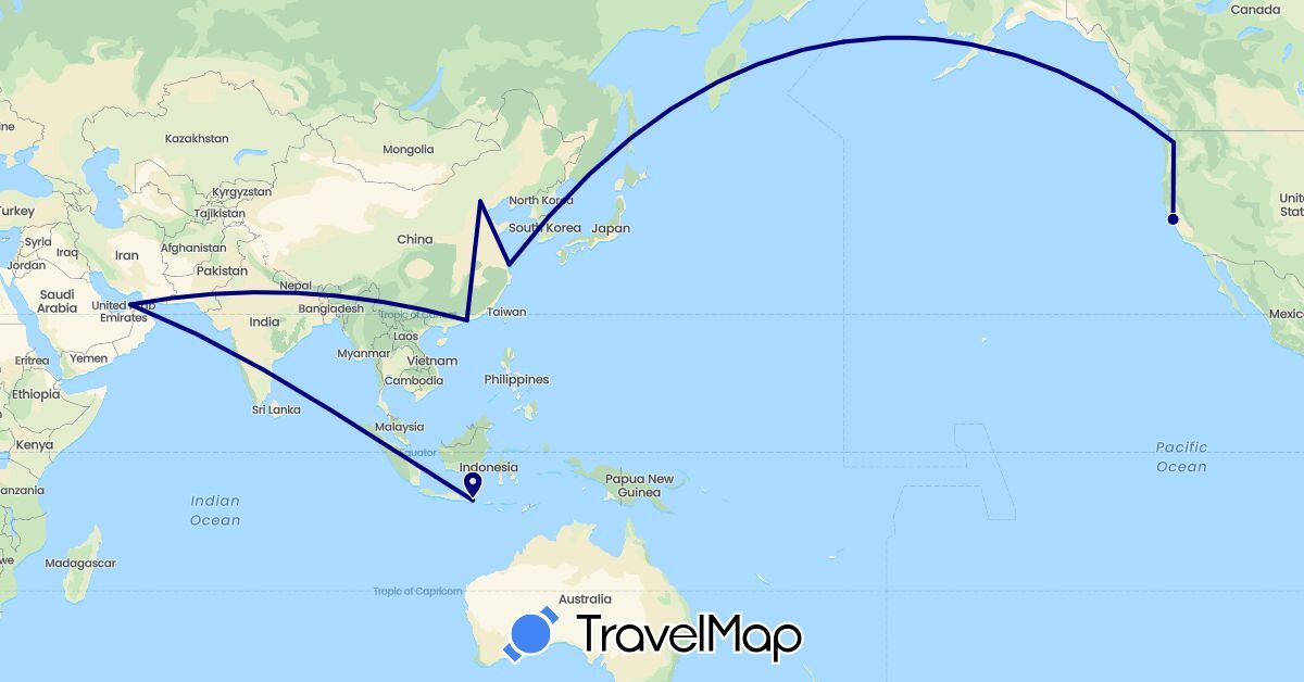TravelMap itinerary: driving in United Arab Emirates, China, Indonesia, United States (Asia, North America)